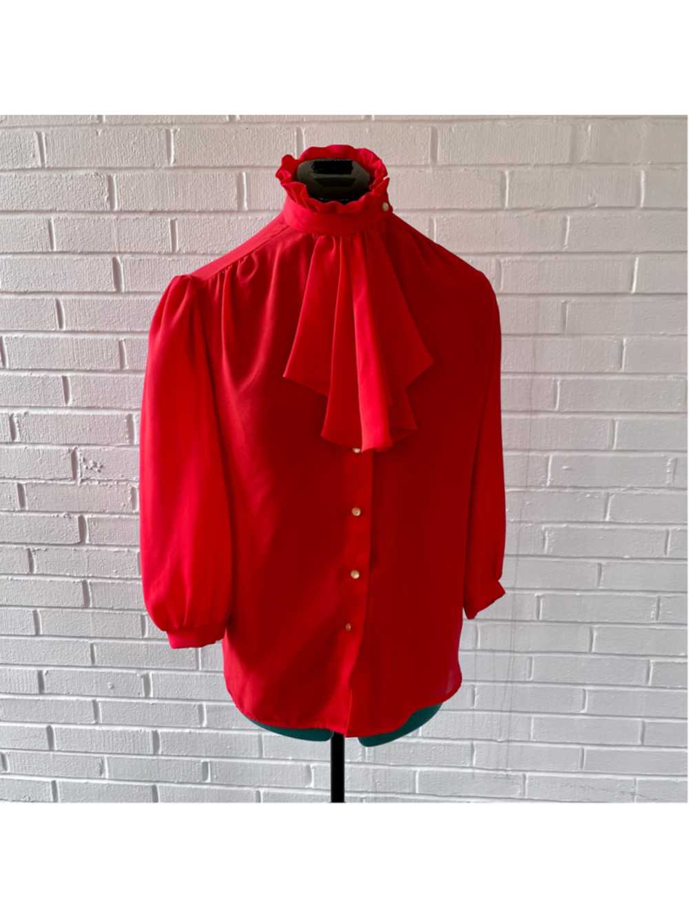 Vintage 70s ruffle front red polyester blouse
